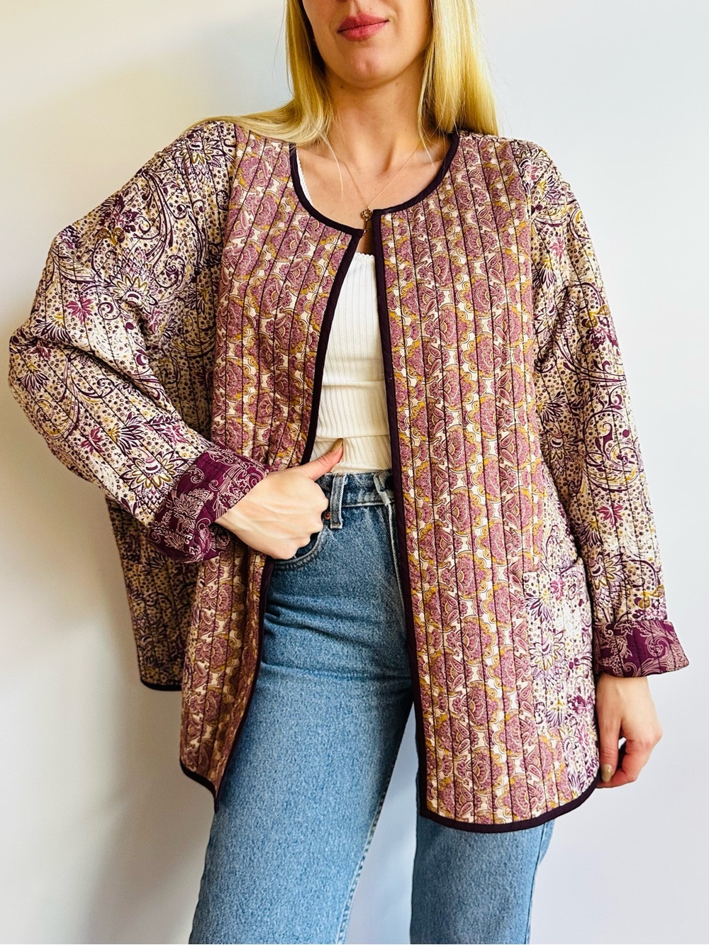 Pure Jill Quilted Paisley Reversible Open Front Lightweight Jacket Purple Boho